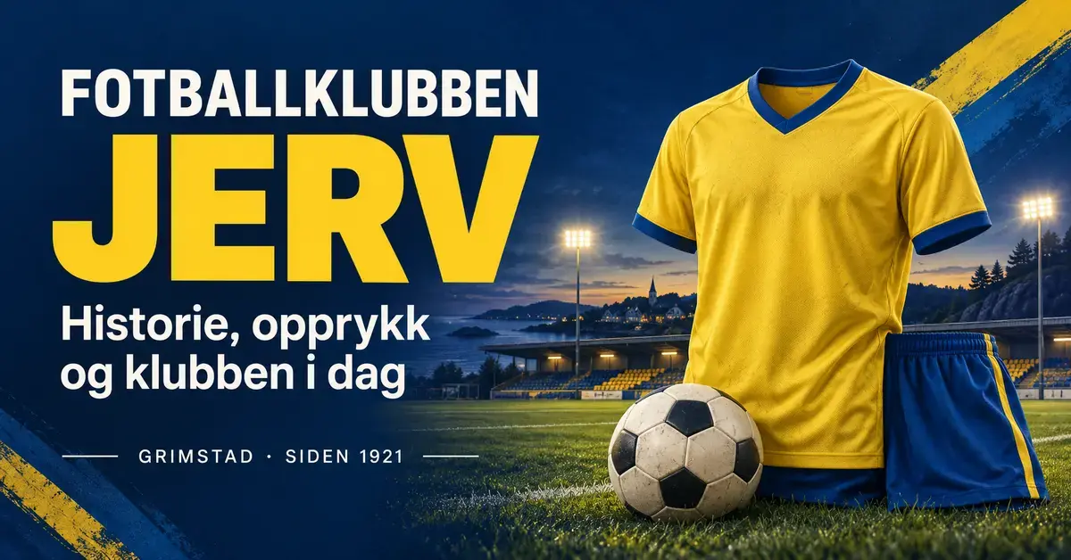 Illustrasjon om Fotballklubben Jerv med gul trøye, blå shorts og en fotball foran en stilisert fotballstadion, med tekst om klubbens historie og opprykk.