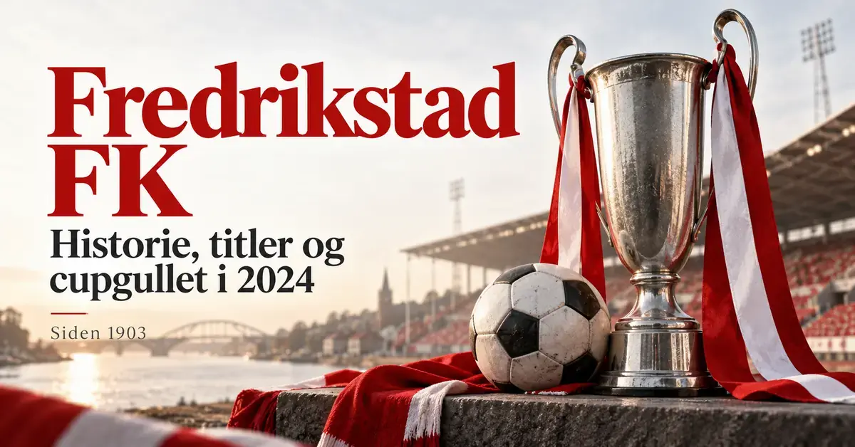 Grafikk om Fredrikstad FKs historie og cupgull i 2024 med en sølvpokal, fotball og røde og hvite bånd foran et stadion.