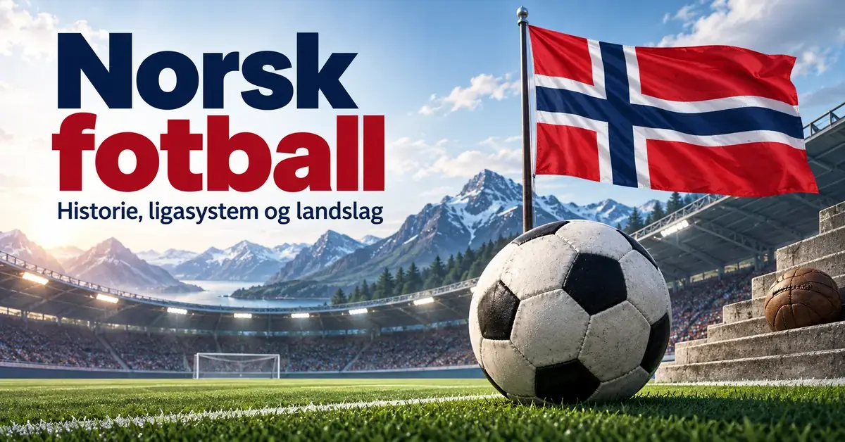Illustrasjon av en fotball og det norske flagget på et stadion med fjell i bakgrunnen og teksten «Norsk fotball – Historie, ligasystem og landslag».