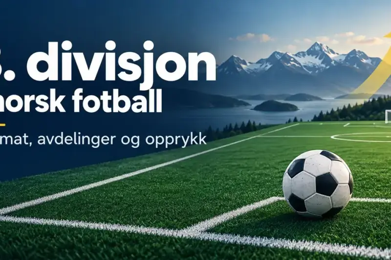 Grafikk om 3. divisjon i norsk fotball med fotball på en bane, fjell i bakgrunnen og en pil oppover som symboliserer opprykk.