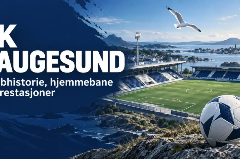 Illustrasjon til en artikkel om FK Haugesund, med fotballstadion i et kystlandskap, en måke og en hvit og mørkeblå fotball ved siden av artikkeltittelen.
