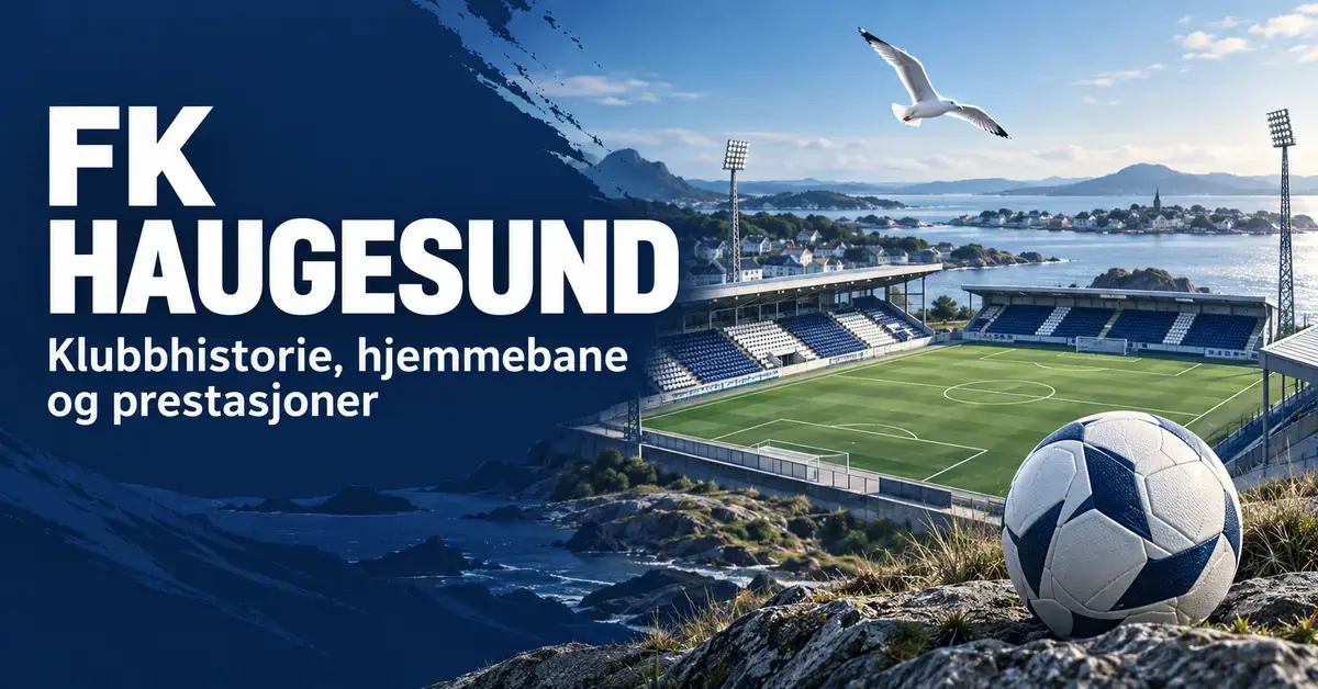 Illustrasjon til en artikkel om FK Haugesund, med fotballstadion i et kystlandskap, en måke og en hvit og mørkeblå fotball ved siden av artikkeltittelen.