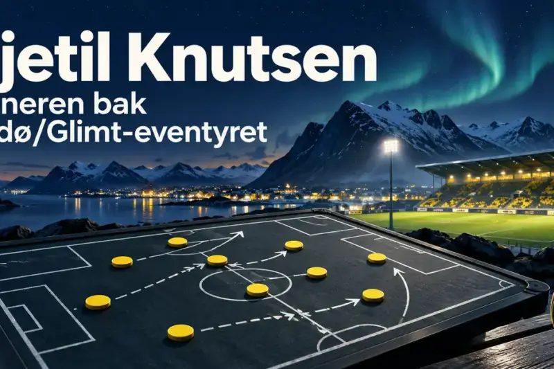 Illustrasjon med taktikkbrett, gule spillerbrikker og et fotballstadion foran fjell og nordlys, med teksten «Kjetil Knutsen – Treneren bak Bodø/Glimt-eventyret».