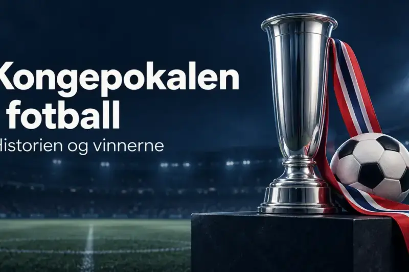 Illustrasjon av en sølvpokal og en fotball med bånd i norske farger på et stadion, med teksten «Kongepokalen i fotball – Historien og vinnerne».