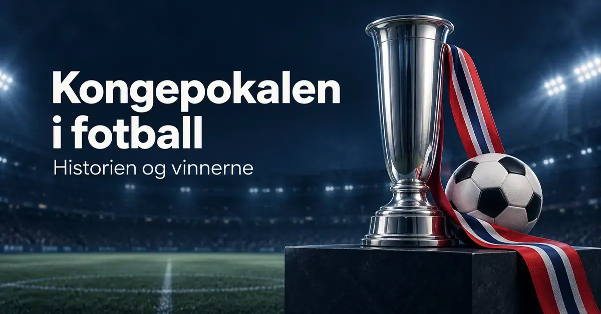 Illustrasjon av en sølvpokal og en fotball med bånd i norske farger på et stadion, med teksten «Kongepokalen i fotball – Historien og vinnerne».