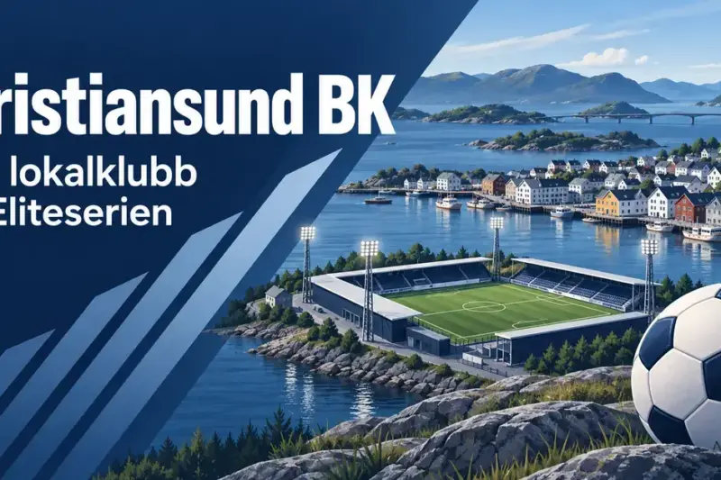 Illustrasjon av en fotball, et stadion og et norsk kystmiljø med teksten «Kristiansund BK – Fra lokalklubb til Eliteserien».