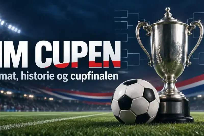 Sølvpokal og fotball på en flombelyst stadion med et cupoppsett i bakgrunnen og teksten «NM CUPEN – Format, historie og cupfinalen».
