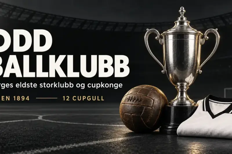 Grafikk om Odd Ballklubb med en sølvpokal, en historisk lærfotball og en hvit fotballdrakt, samt tekst om klubbens historie siden 1894 og tolv cupgull.