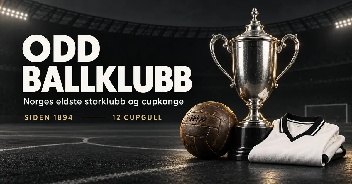 Grafikk om Odd Ballklubb med en sølvpokal, en historisk lærfotball og en hvit fotballdrakt, samt tekst om klubbens historie siden 1894 og tolv cupgull.