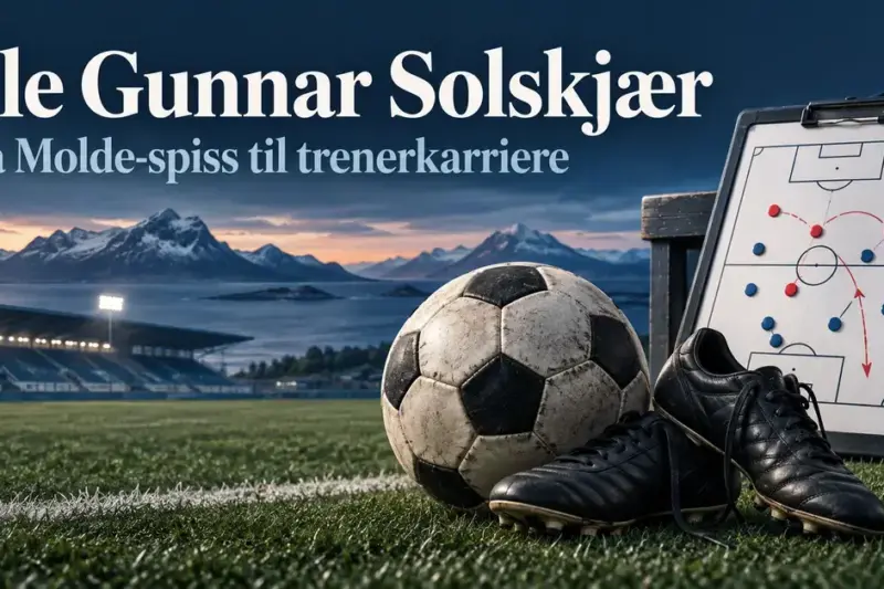 Fotball, fotballsko og en taktikktavle foran kystfjell og et stadion illustrerer Ole Gunnar Solskjærs reise fra Molde-spiss til trener.