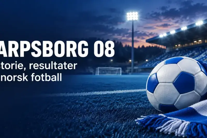 Grafisk illustrasjon med teksten «Sarpsborg 08 – Historie, resultater og norsk fotball», en blå og hvit fotball og et supporterskjerf på en flombelyst fotballbane.