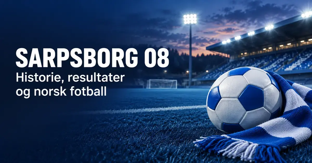 Grafisk illustrasjon med teksten «Sarpsborg 08 – Historie, resultater og norsk fotball», en blå og hvit fotball og et supporterskjerf på en flombelyst fotballbane.