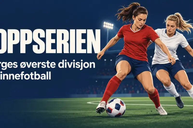 Illustrasjon av to kvinnelige fotballspillere i kamp om ballen på en stadion, med teksten «Toppserien – Norges øverste divisjon i kvinnefotball».