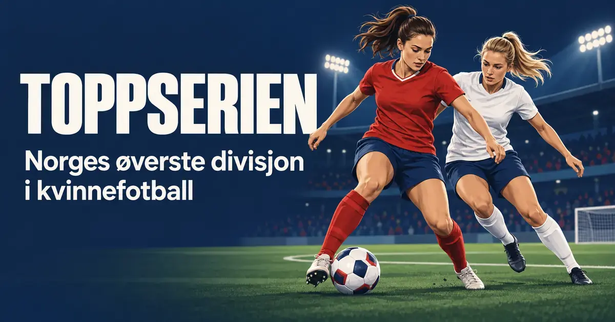 Illustrasjon av to kvinnelige fotballspillere i kamp om ballen på en stadion, med teksten «Toppserien – Norges øverste divisjon i kvinnefotball».