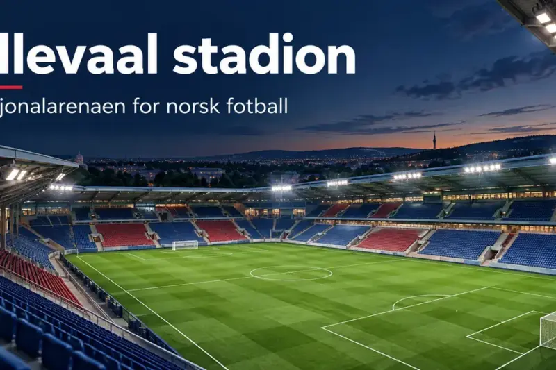 Illustrasjon av Ullevaal stadion i kveldslys med grønn fotballbane, røde og blå tribuner og teksten «Ullevaal stadion – Nasjonalarenaen for norsk fotball».